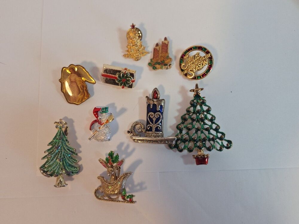 Vintage Lot of 10 Christmas Pins Brooches Goldtone & Enamel READ